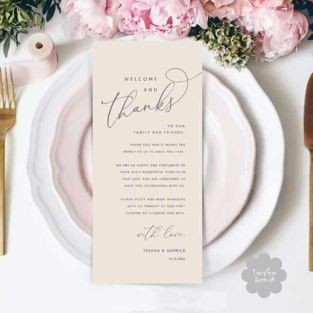 Willkommen und Danke, Hochzeitsdinner Dankeskarten Programm (Welcome n Thanks Wedding Reception Dinner Brunch Lunch Thank You Card in Cream Grey)