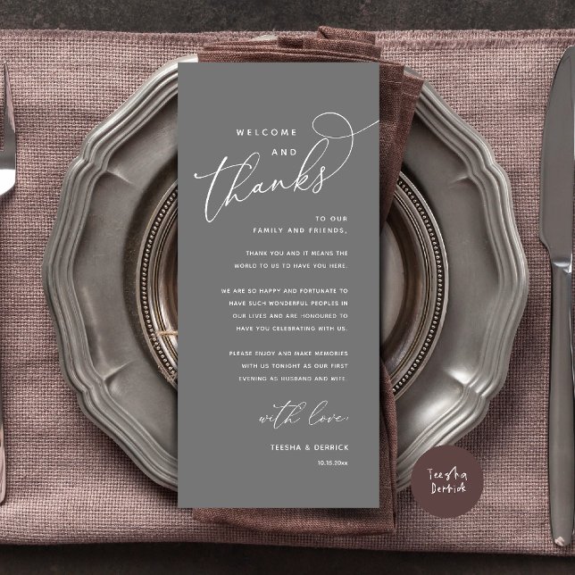 Willkommen und Danke, Hochzeitsdinner Dankeskarten Programm (Welcome n Thanks Wedding Reception Dinner Brunch Lunch Thank You Card in Dark Grey)