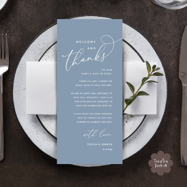Willkommen und Danke, Hochzeitsdinner Dankeskarten Programm (Welcome n Thanks Wedding Reception Dinner Brunch Lunch Thank You Card in Dusty Blue)