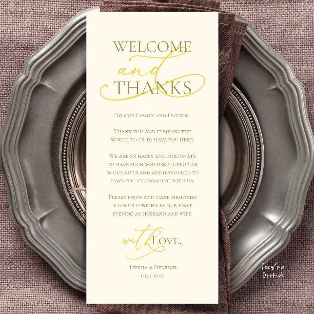 Willkommen und Danke, Hochzeitsdinner Dankeskarten Programm (Welcome and Thanks, Wedding Dinner Thank You Card in Yellow Gold)