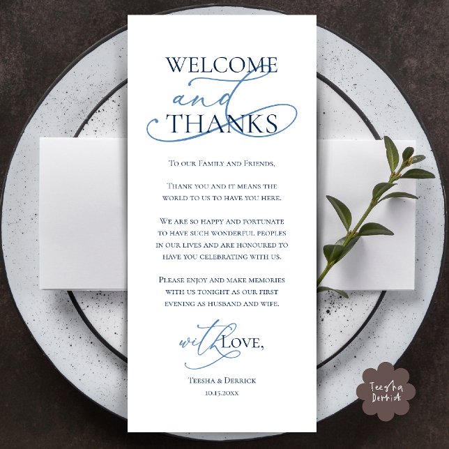 Willkommen und Danke, Hochzeitsdinner Dankeskarten Programm (Welcome and Thanks, Wedding Dinner Thank You Card in Navy Blue)