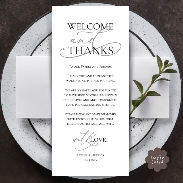 Willkommen und Danke, Hochzeitsdinner Dankeskarten Programm (Welcome and Thanks, Wedding Dinner Thank You Card in Black Grey)