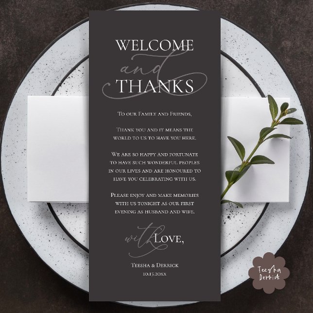 Willkommen und Danke, Hochzeitsdinner Dankeskarten Programm (Welcome and Thanks, Wedding Dinner Thank You Card in Charcoal Grey)