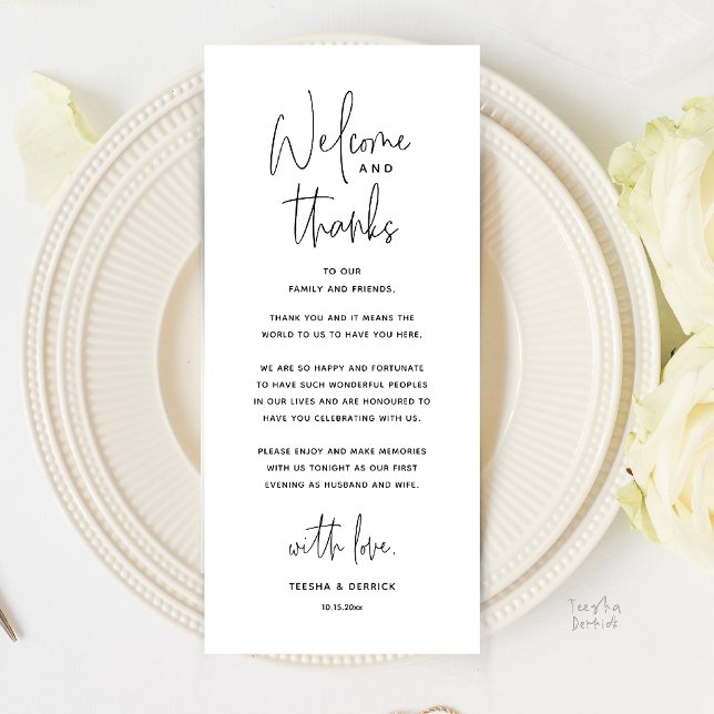 Willkommen und Danke, Hochzeitsdinner Dankeskarten Programm (Welcome and Thanks, Wedding Dinner Thank You Card in Black White)