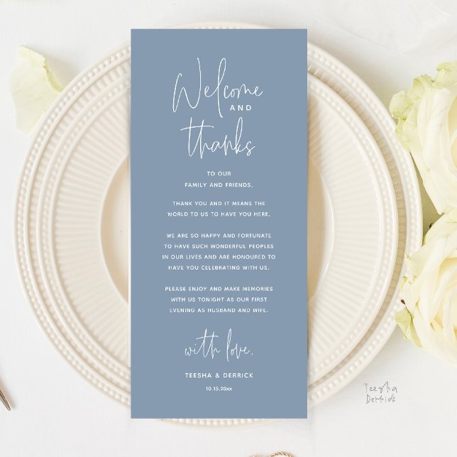 Willkommen und Danke, Hochzeitsdinner Dankeskarten Programm (Welcome and Thanks, Wedding Dinner Thank You Card in Dusty Blue)