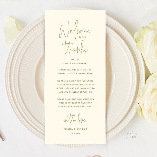 Willkommen und Danke, Hochzeitsdinner Dankeskarten Programm (Welcome and Thanks, Wedding Dinner Thank You Card in Yellow Gold)