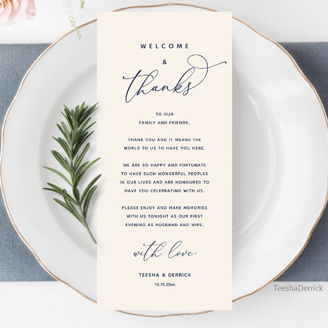 Willkommen und Danke, Hochzeitsdinner Dankeskarten Programm (Welcome and Thanks, Wedding Dinner Thank You Card in Navy Blue and ivory)