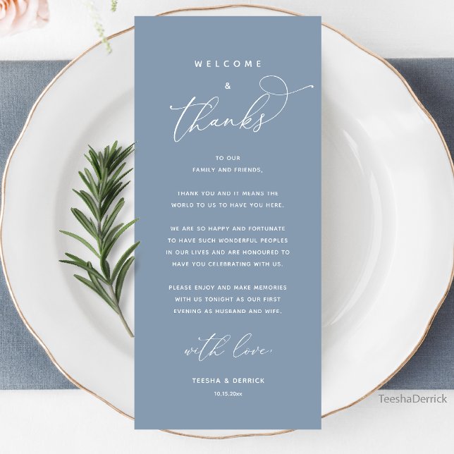 Willkommen und Danke, Hochzeitsdinner Dankeskarten Programm (Welcome and Thanks, Wedding Dinner Thank You Card in Dusty Blue)