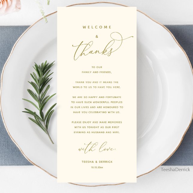 Willkommen und Danke, Hochzeitsdinner Dankeskarten Programm (Welcome and Thanks, Wedding Dinner Thank You Card in Yellow Cream Gold)
