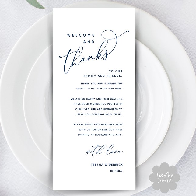 Willkommen und Danke, Platzierung Einstellungen Da Programm (Welcome and Thanks, Wedding Dinner Place Setting Thank You Card in Classy navy Blue)