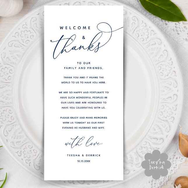 Willkommen und Danke, Platzierung Einstellungen Da Programm (Welcome and Thanks, Wedding Dinner Place Setting Thank You Card in Classy navy Blue)