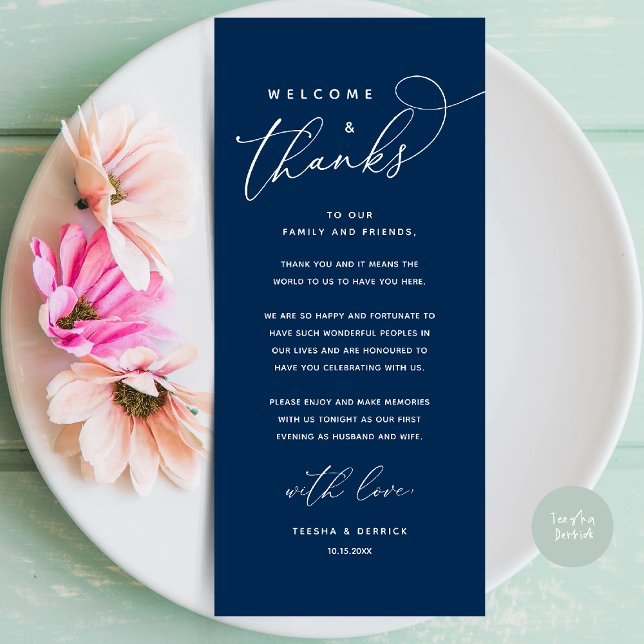 Willkommen und Danke, Platzierung Einstellungen Da Programm (Welcome and Thanks, Wedding Dinner Place Setting Thank You Card in Classy navy Blue)