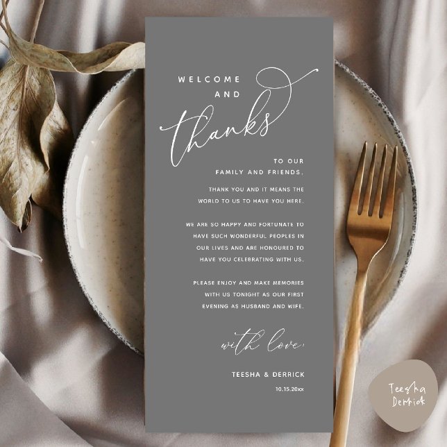 Willkommen und Danke, Platzierung Einstellungen Da Programm (Welcome and Thanks, Wedding Dinner Place Setting Thank You Card in Dark Grey)
