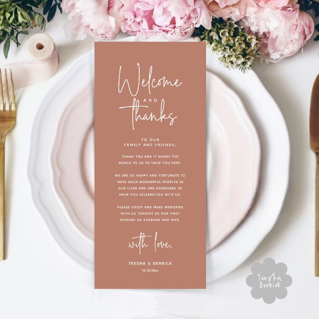 Willkommen und Danke, Platzierung Einstellungen Da Programm (Welcome and Thanks, Modern Wedding Dinner Brunch Lunch Place Setting Thank You Card in Terracotta)