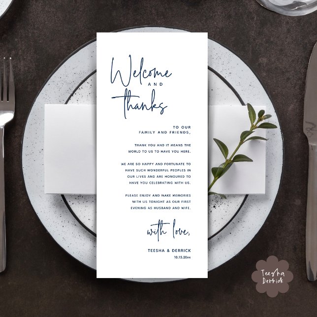 Willkommen und Danke, Platzierung Einstellungen Da Programm (Welcome and Thanks, Modern Wedding Dinner Brunch Lunch Place Setting Thank You Card in Navy Blue)
