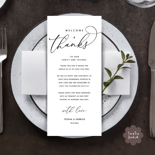 Willkommen und Danke, Platzierung Einstellungen Da Programm (Welcome and Thanks, Modern Wedding Dinner Brunch Lunch Place Setting Thank You Card in White Black)