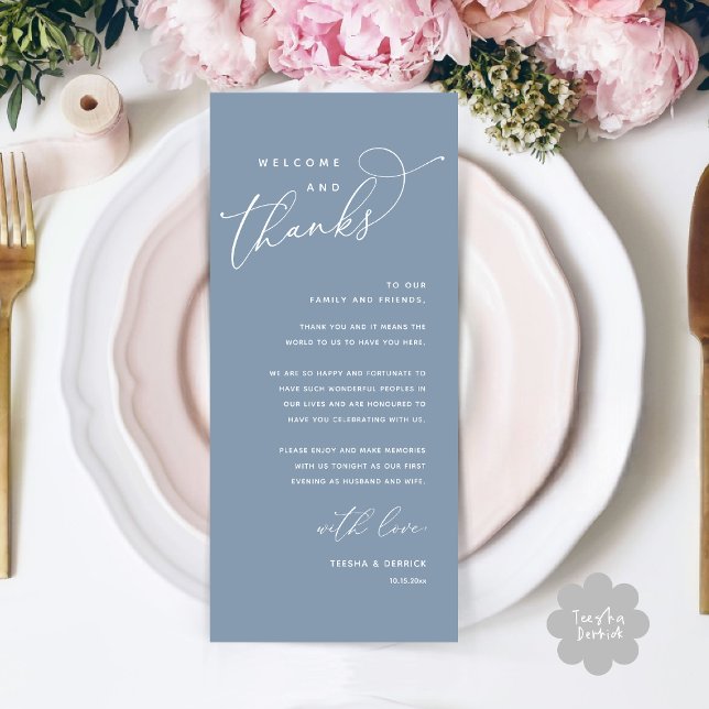 Willkommen und Danke, Platzierung Einstellungen Da Programm (Welcome and Thanks, Modern Wedding Dinner Brunch Lunch Place Setting Thank You Card in Dusty Blue)