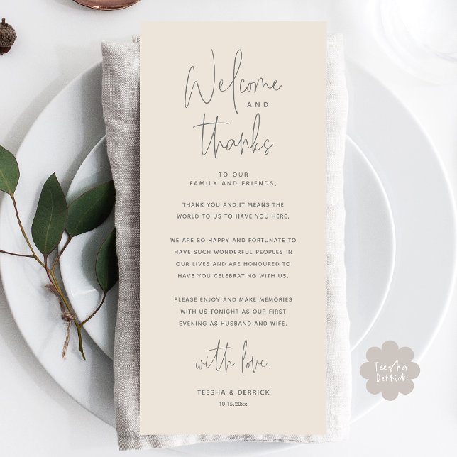 Willkommen und Danke, Platzierung Einstellungen Da Programm (Welcome and Thanks, Modern Wedding Dinner Place Setting Thank You Card, Plate Decor, Cream Grey)