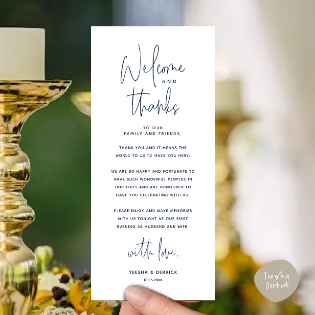 Willkommen und Danke, Platzierung Einstellungen Da Programm (Welcome and Thanks, Modern Wedding Dinner Place Setting Thank You Card, Plate Decor, Navy Blue)