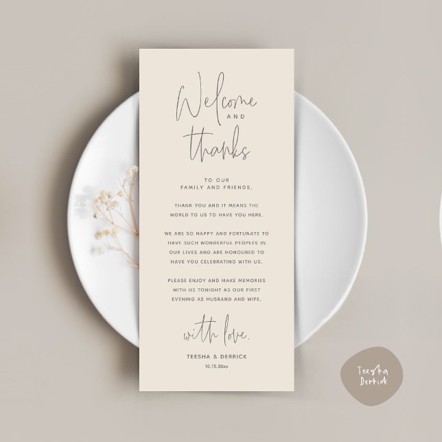 Willkommen und Danke, Platzierung Einstellungen Da Programm (Welcome and Thanks, Place Setting Thank You Dinner Party Card in Cream Grey)