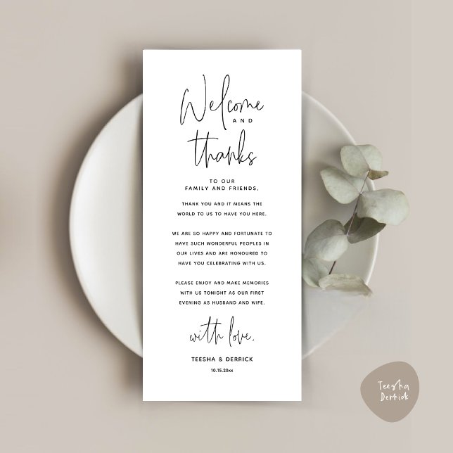 Willkommen und Danke, Platzierung Einstellungen Da Programm (Welcome and Thanks, Wedding Dinner Place Setting Thank You Card, in Classy Black and White)