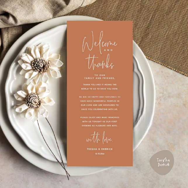 Willkommen und Danke, Platzierung Einstellungen Da Programm (Welcome and Thanks, Wedding Dinner Place Setting Thank You Card, in Classy Copper Brown)