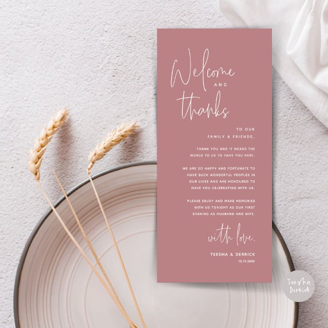 Willkommen und Danke, Platzierung Einstellungen Da Programm (Welcome and Thanks, Wedding Dinner Place Setting Thank You Card in Retro Dusty Rose Pink)