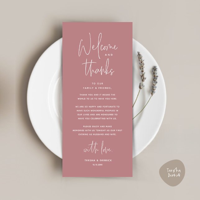Willkommen und Danke, Platzierung Einstellungen Da Programm (Welcome and Thanks, Wedding Dinner Place Setting Thank You Card in Retro Dusty Rose Pink)