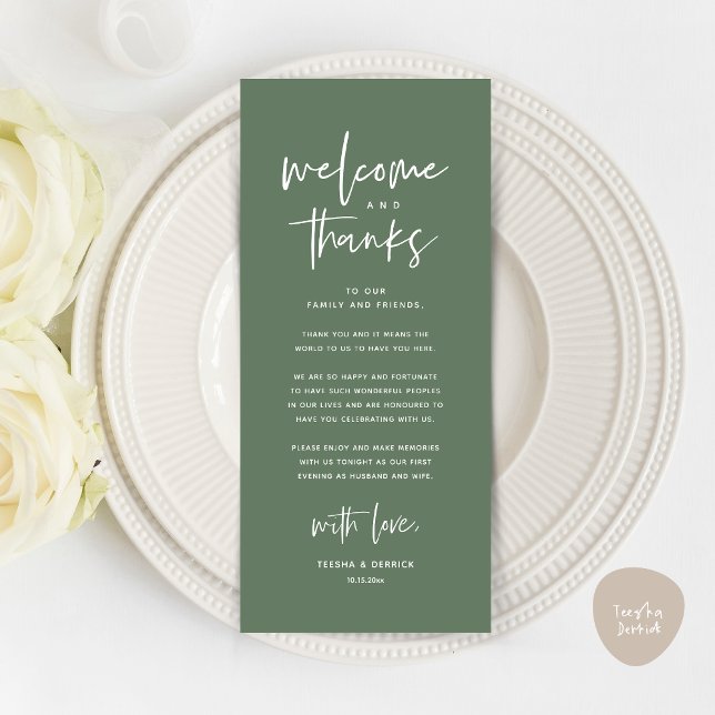 Willkommen und Danke, Platzierung Einstellungen Da Programm (Welcome and Thanks, Modern Wedding Dinner Brunch Party Place Setting Thank You Card Sage Green)