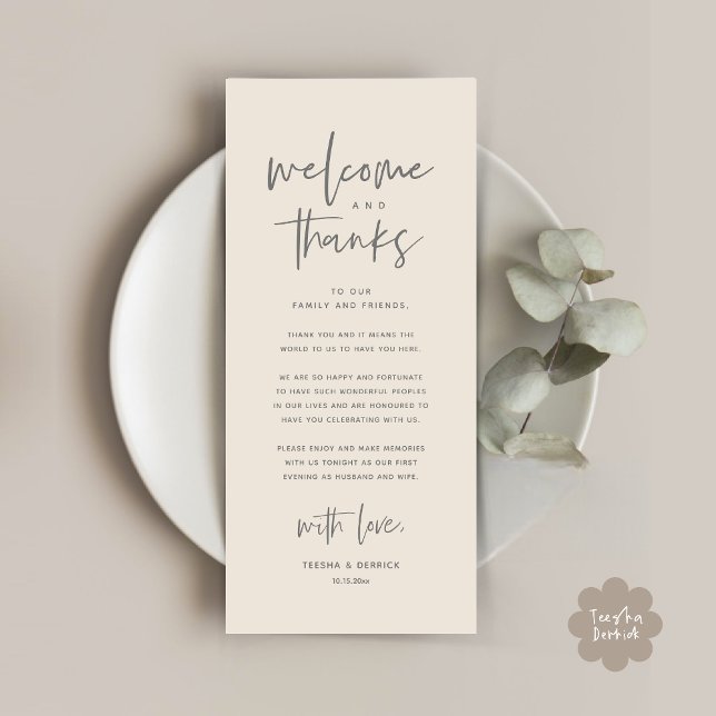 Willkommen und Danke, Platzierung Einstellungen Da Programm (Welcome and Thanks, Modern Wedding Dinner Brunch Party Place Setting Thank You Card Cream Grey)