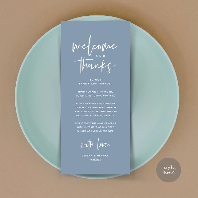Willkommen und Danke, Platzierung Einstellungen Da Programm (Welcome and Thanks, Modern Wedding Dinner Brunch Party Place Setting Thank You Card Dusty Blue)