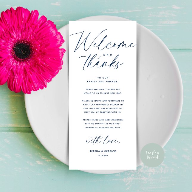 Willkommen und Danke, Platzierung Einstellungen Da Programm (Welcome and Thanks, Wedding Dinner Place Setting Thank You Card Modern Romantic Navy Blue)