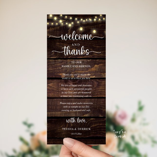 "Willkommen und Danke" Rustikale Empfangs-Gästekar Programm ("Welcome and Thanks" Rustic Reception dinner Guest thank you Card in string lights brown wood)