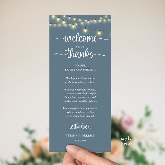 "Willkommen und Danke" Rustikale Empfangs-Gästekar Programm ("Welcome and Thanks" Rustic Reception dinner Guest thank you Card in string lights dusty blue)
