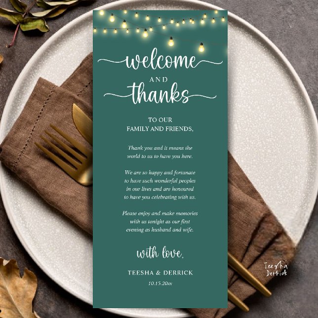"Willkommen und Danke" Rustikale Empfangskarte für Programm ("Welcome and Thanks" Rustic Reception dinner Guest thank you Card in string lights teal green)