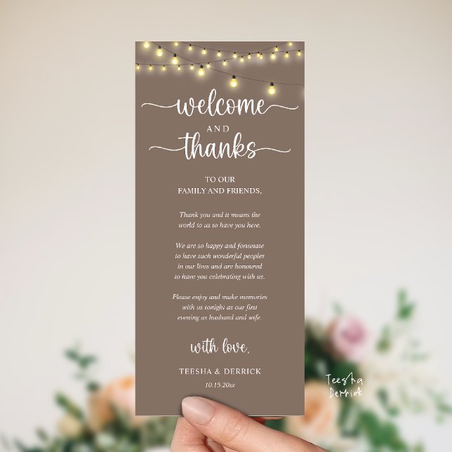 "Willkommen und Danke" Rustikale Empfangskarte für Programm ("Welcome and Thanks" Rustic Reception dinner Guest thank you Card in string lights taupe)