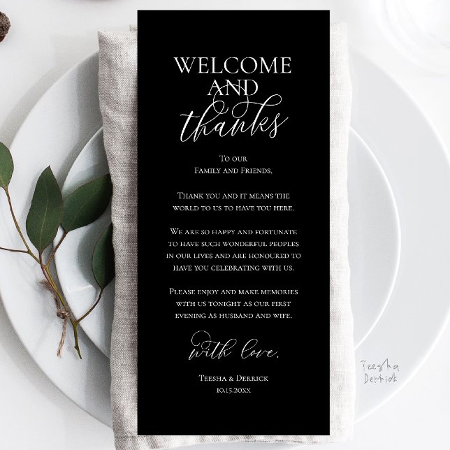 Willkommen und Dankeschön Hochzeitsdinner Dankeska Programm (Welcome and Thanks Wedding Reception Dinner Celebration Thank You Card in Classy Black)