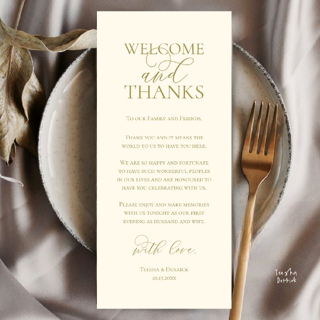 Willkommen und Dankeschön Hochzeitsdinner Dankeska Programm (Welcome and Thanks Wedding Reception Dinner Thank You Card in Yellow Gold)