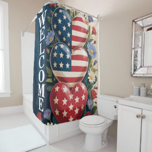 Willkommen USA-Flagge Herzen & patriotisches Flora Duschvorhang
