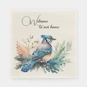 Willkommen Watercolor Blue Jay Bird Serviette