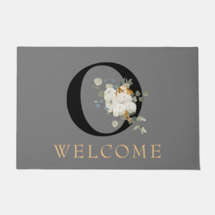 WILLKOMMEN Weiße Florale Gold Akzente Monogramm O Fußmatte
