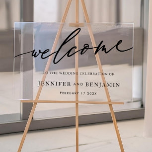 willkommen White Black Calligraphy Simple Weddin Acrylschild