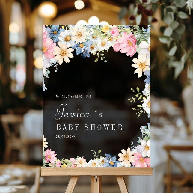Willkommen! Wildblume, Babydusche Acrylschild (Welcome! Wildflower, Baby Shower Acrylic Sign with your name and date.)