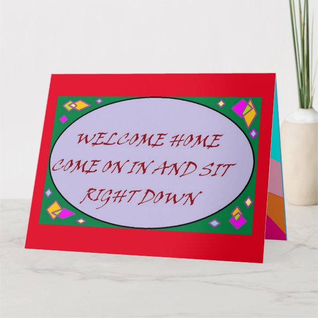 Willkommen Zuhause Gruß Kunstdesign rot lila Karte (Vorderseite)