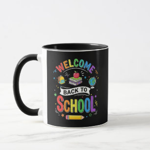 Willkommen zurück in der Schule Kinder Lehrer Erst Tasse