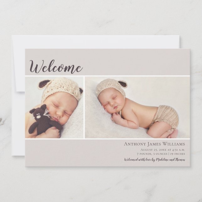 Willkommen Zwei Foto Ecru Baby Ankündigung (Vorderseite)