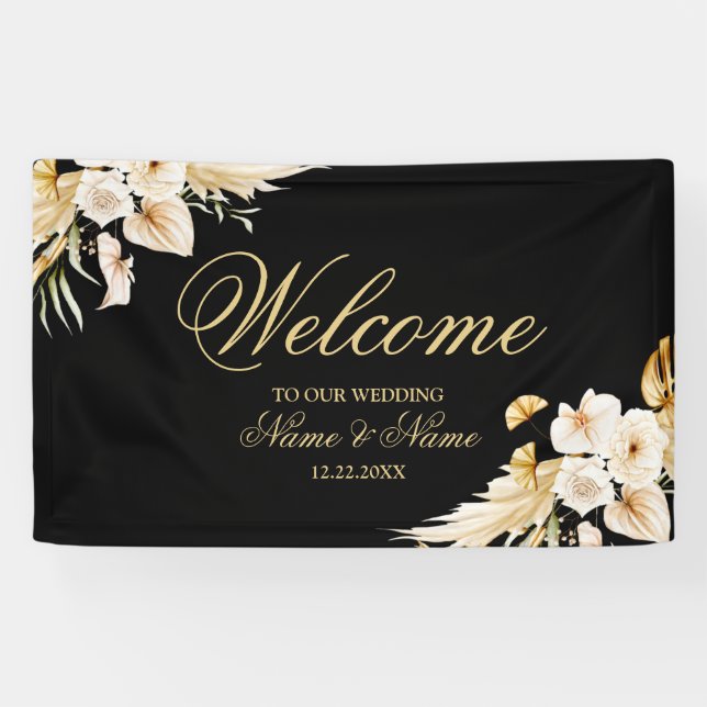 Willkommene Hochzeitsfeier Rosa Blütenfarben Gold  Banner (Horizontal)