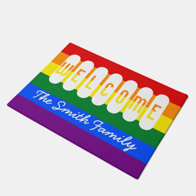 Willkommener LGBT Regenbogen-Flaggen-Lesben-Gay Fußmatte (Schrägansicht)
