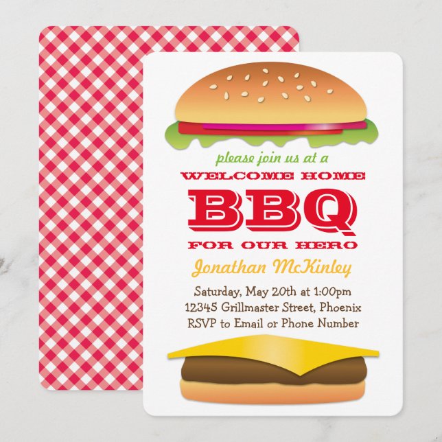 Willkommener Zuhause-Held-Party Burger und GRILLEN Einladung (Vorne/Hinten)