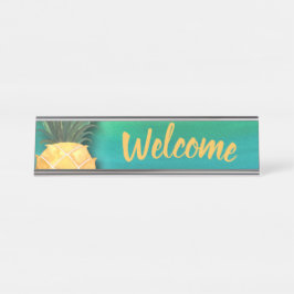 Willkommenes Ananas-Aquarell-stilvolles Büro Schreibtischnamensplakette